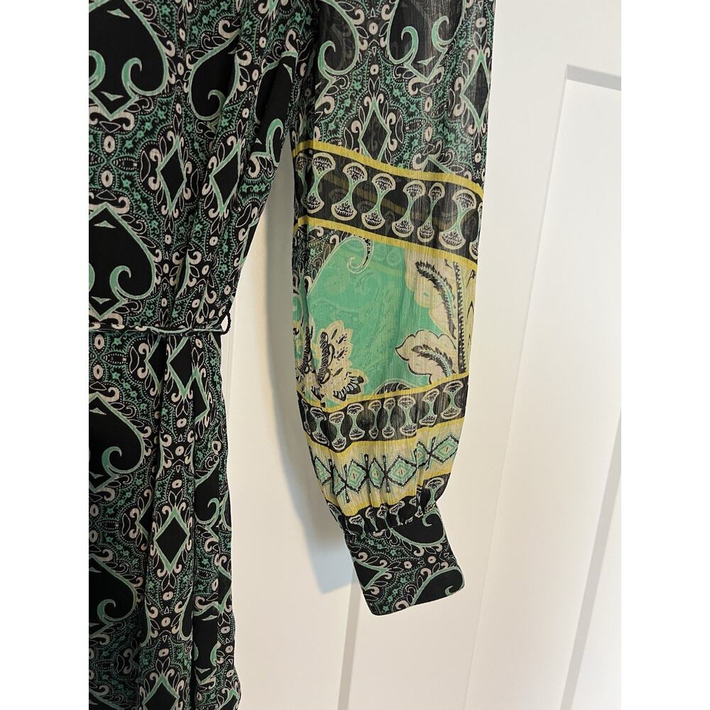 LOFT Dress Sheer Black Green Knee Length Size XS Petite. Tie Waist - Picture 2 of 11